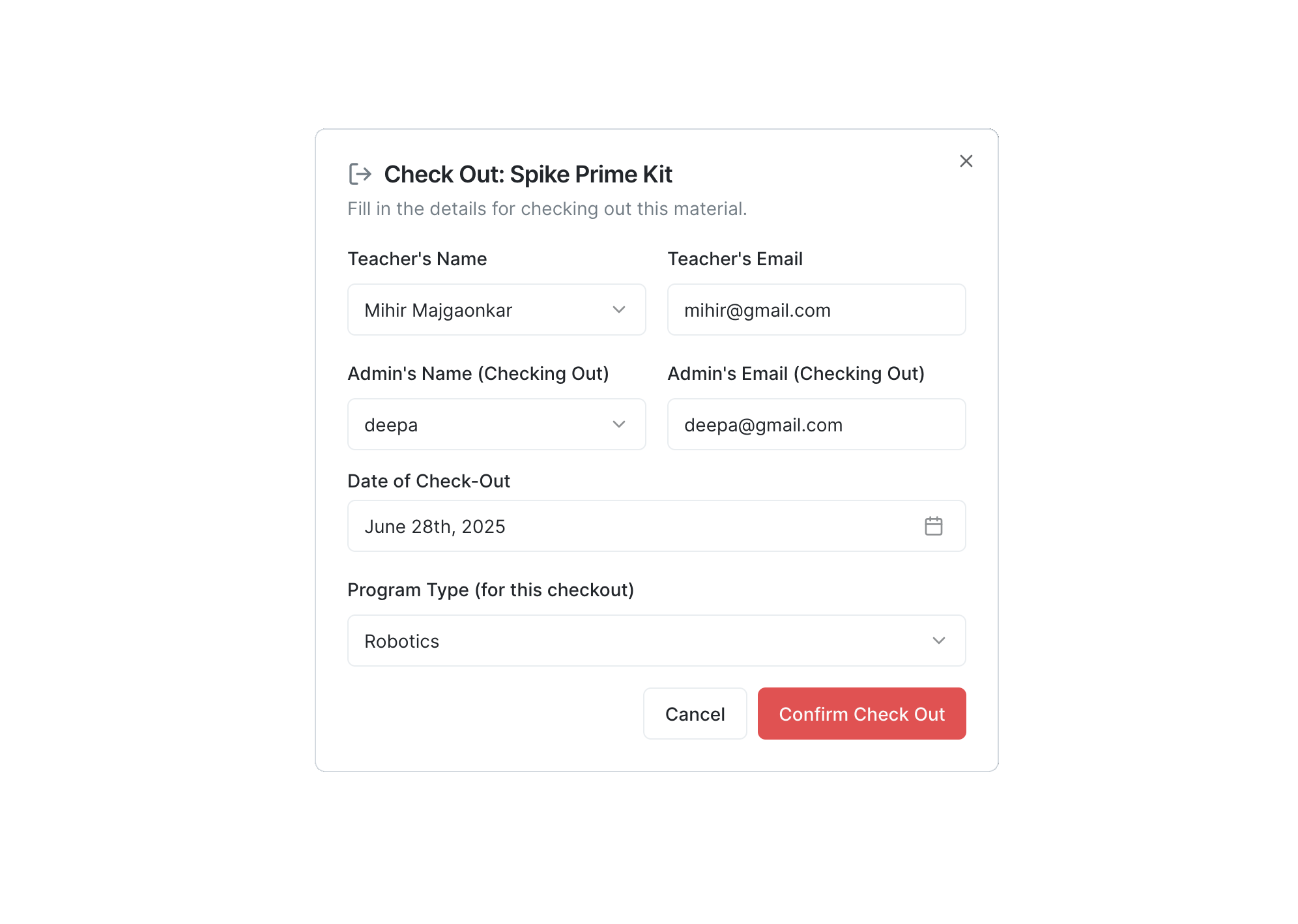 A preview of the material check-out interface